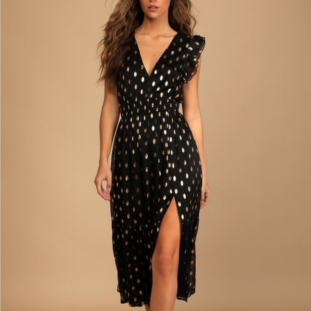 Lulus black and gold polka dot dress small